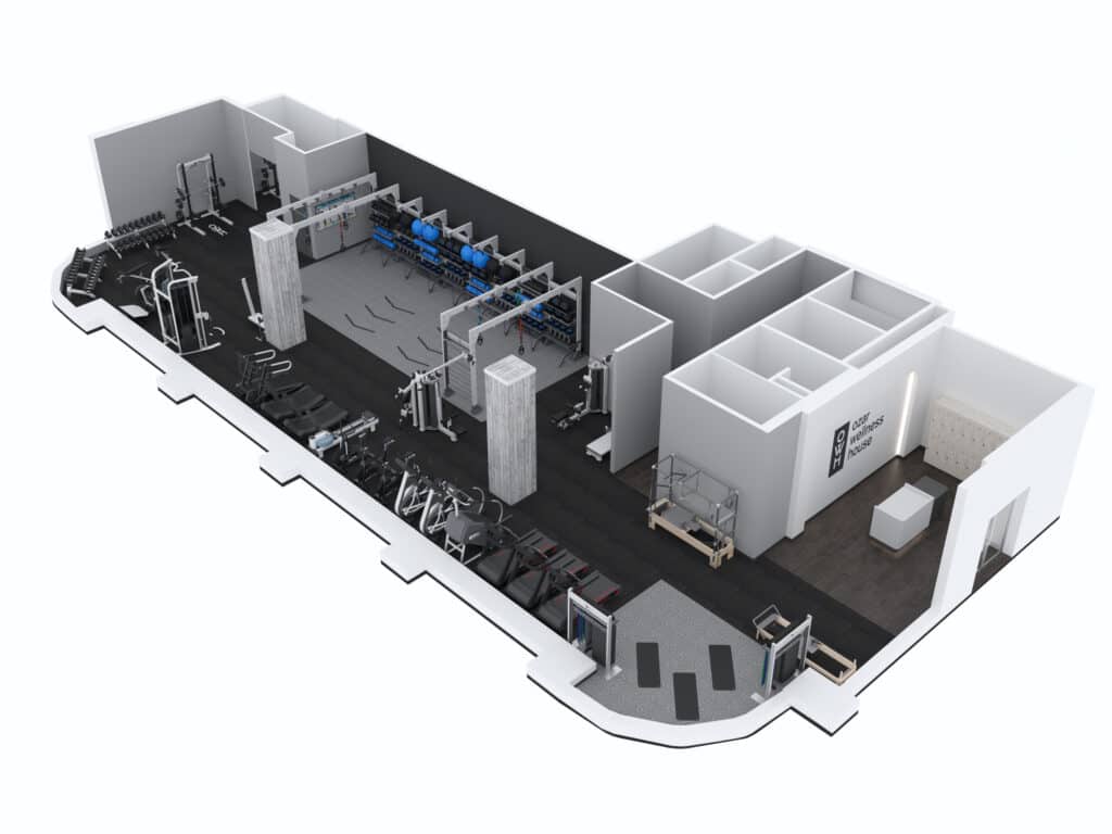Fitness design rendering showing different types of gym flooring in design 